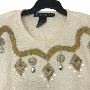 VINTAGE 90’S IB Diffusion Silk, Angora, Wool Embellished Beaded Sweater S Retro